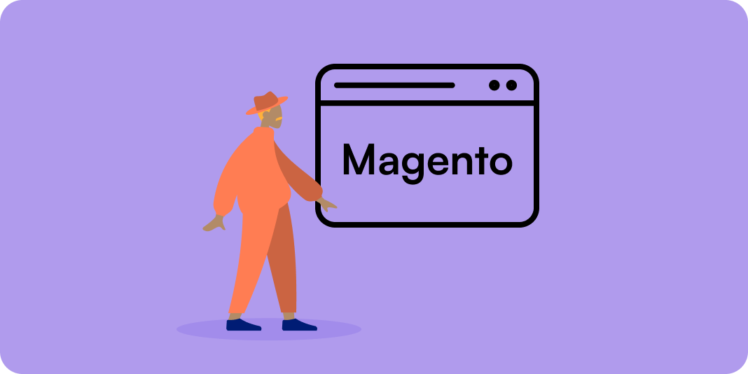 Illustration: Person zeigt auf ein Browserfenster mit dem Schriftzug Magento.