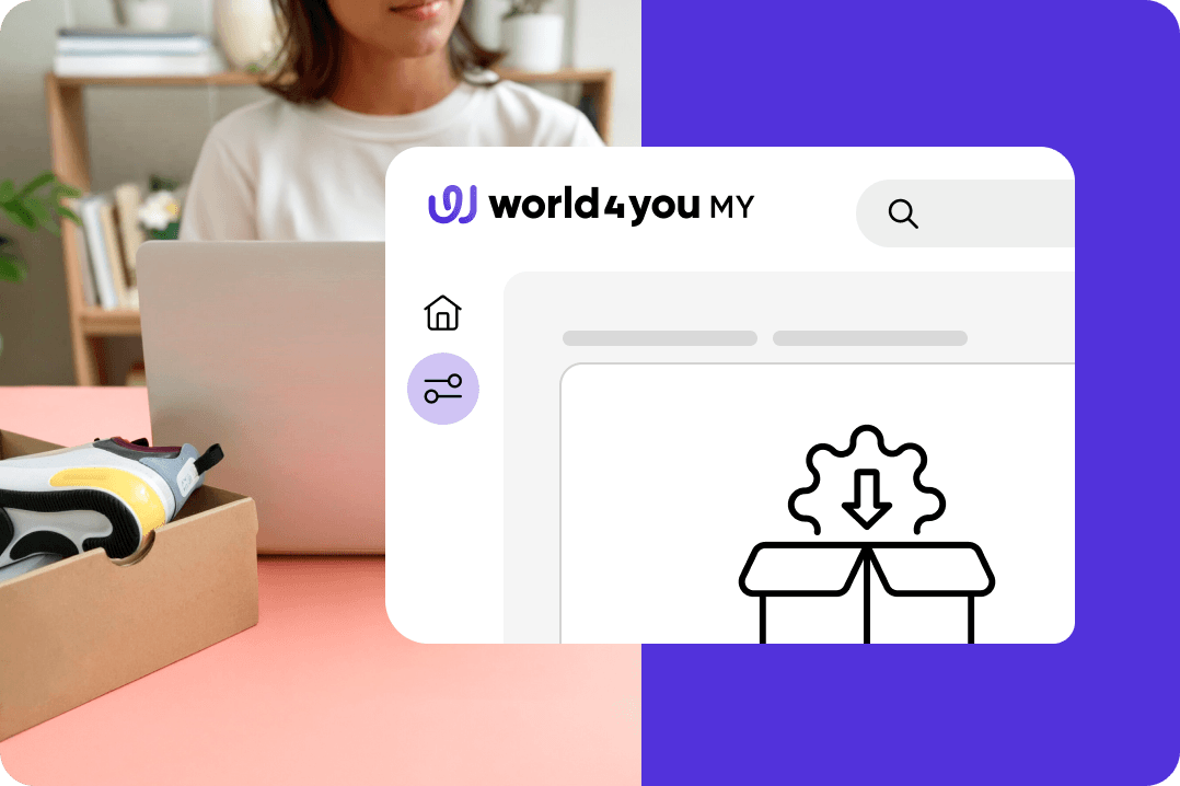Eine Person im weißen Oberteil am Laptop neben einem world4you-Interface mit einem Paket-Installations-Icon.