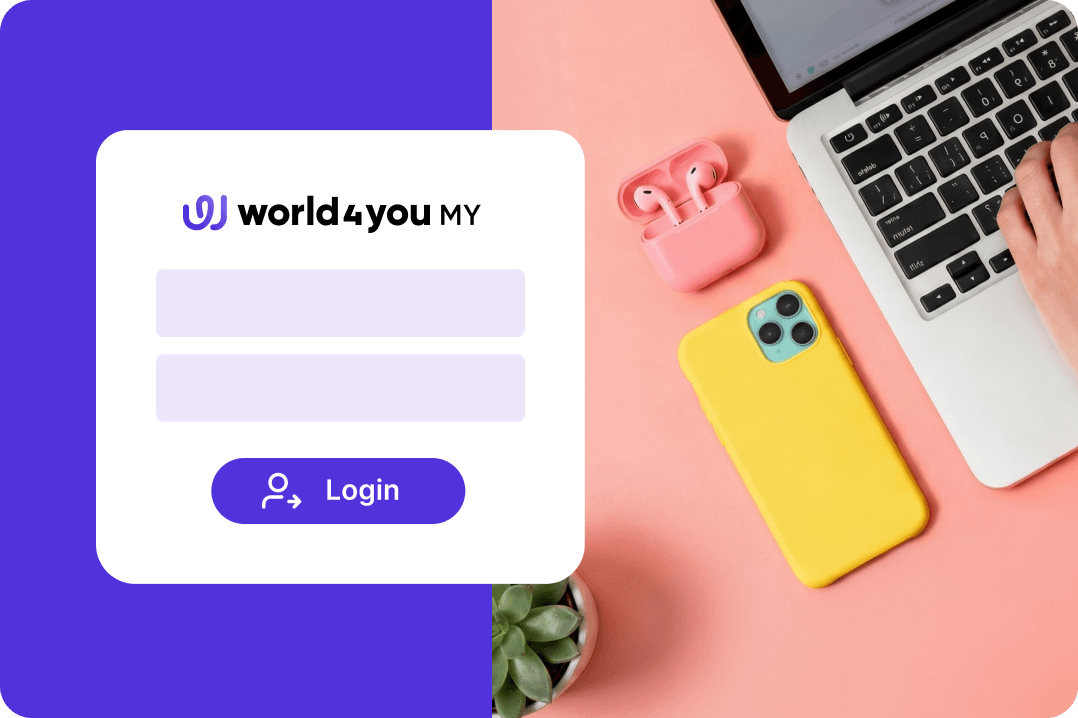 Login-Bereich neben einer Person am Laptop, einem gelben Smartphone und pinken Kopfhörern auf einem Tisch.