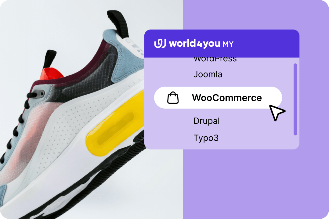 Ein Sneaker neben einem Auswahlmenü von world4you, in dem WooCommerce mit einem Mauszeiger ausgewählt wird.
