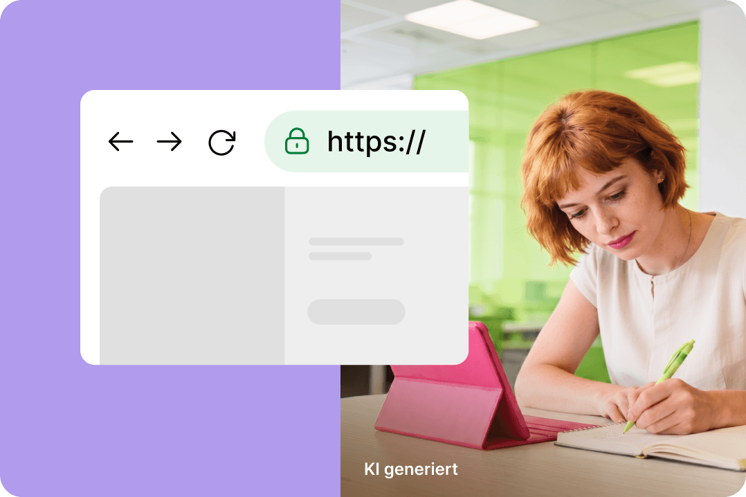 Eine Person in weißem Oberteil schreibt. Links ein Browser mit Schloss. Hinweis: KI-generierter Inhalt.