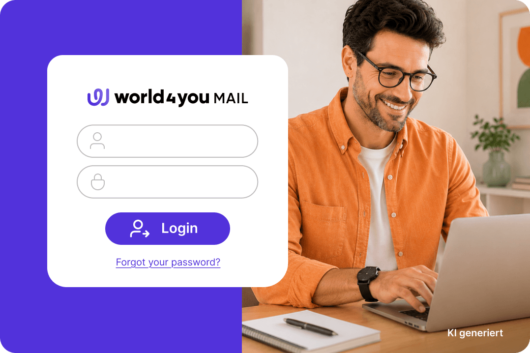Person im orangen Hemd nutzt Laptop neben world4you Webmail Login-Maske. Hinweis: KI-generierter Inhalt.