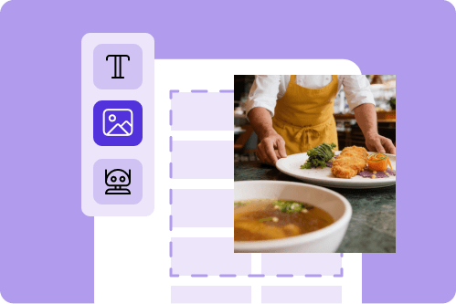Ansicht eines Website-Editors mit Symbolen und einer Person in gelber Schürze, die Speisen auf einem Tisch anrichtet.