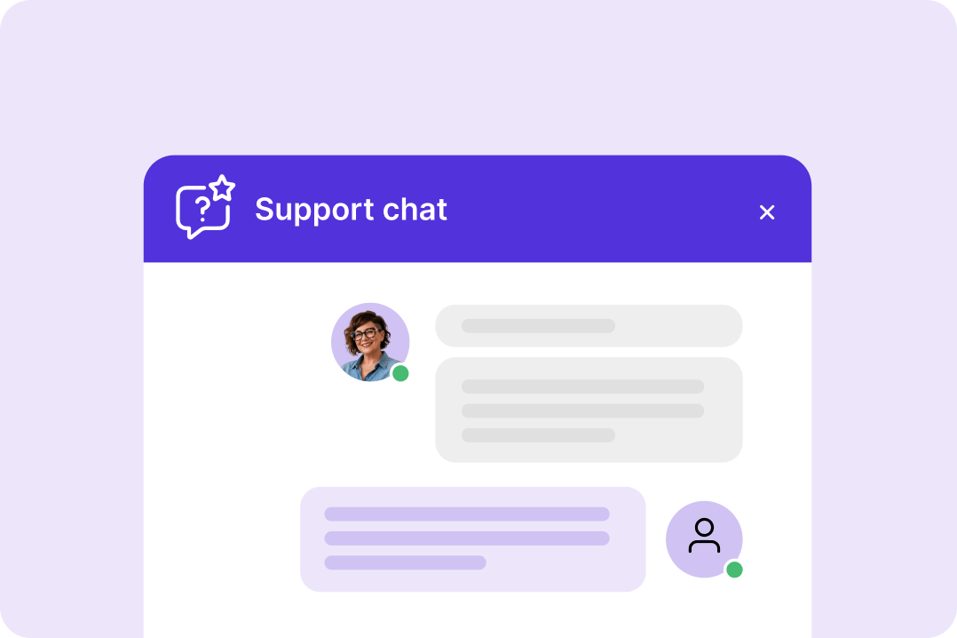 Eine Person im türkisen Oberteil erhält in einem Chatfenster Hilfe und Support für ihre Website.