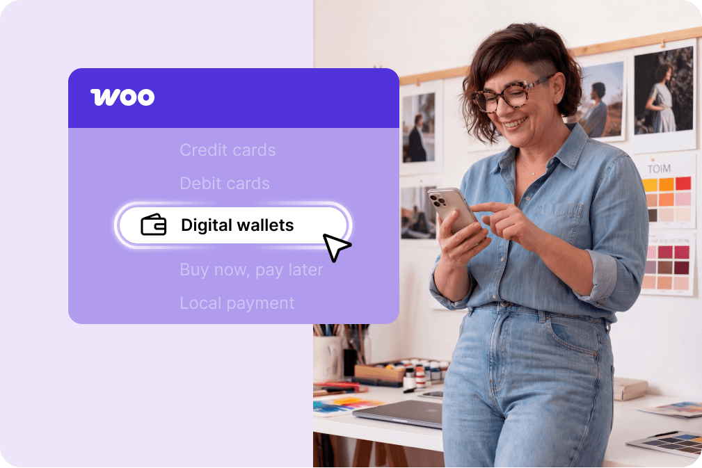 Person in a turquoise shirt using a smartphone next to a menu selecting 'Digital wallets' for your website.