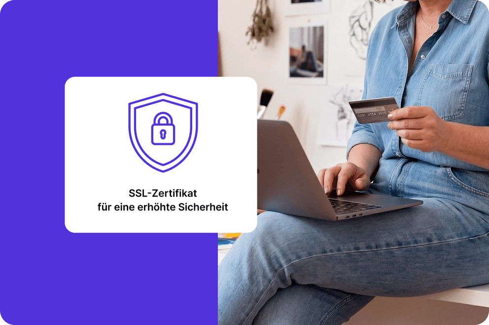 Person in a turquoise top uses a laptop and credit card securely on your website thanks to an SSL certificate.