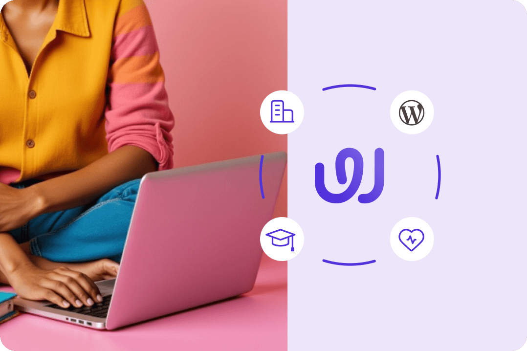 Person im gelben Oberteil am Laptop neben WordPress-Logo und Icons für Business, Bildung, Community und Gesundheit.