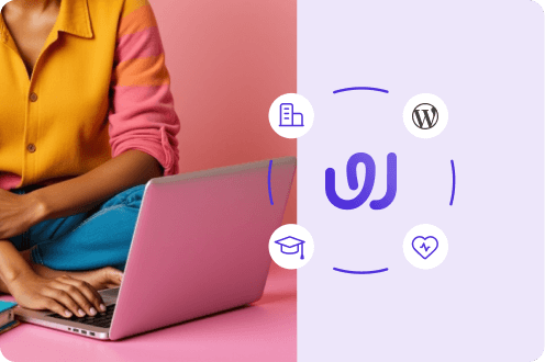 Person in a yellow top using a laptop next to WordPress logo and icons for business, education, community, and health.