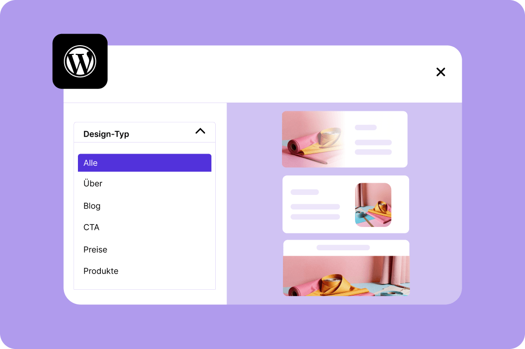 WordPress-Menü zur Design-Auswahl für deine Website mit Kategorien wie Blog, CTA und Produkte.