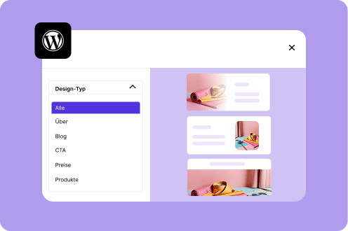 WordPress menu for selecting design types for your website with categories like blog, CTA, and products.