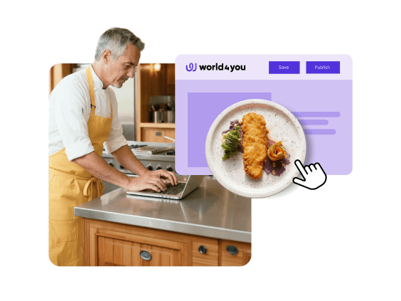Person in gelber Schürze am Laptop. Daneben ein Website-Editor mit world4you Logo, Speicher-Button und einem Speise-Bild.