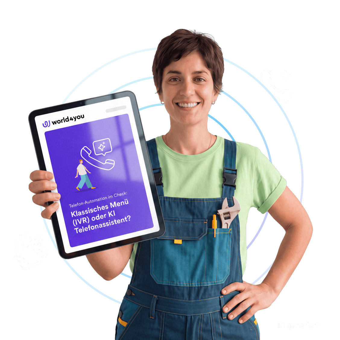 Lächelnde Handwerkerin hält ein Tablet mit dem Guide zum Vergleich von IVR und KI Telefonassistent.