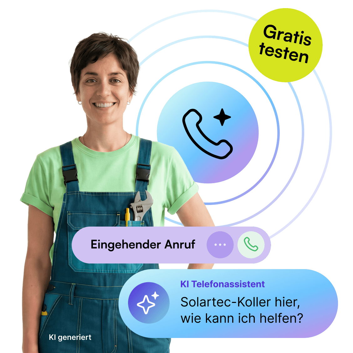 Eine Person im grünen T-Shirt und Latzhose. Hinweis: Es handelt sich um einen KI-generierten Inhalt.