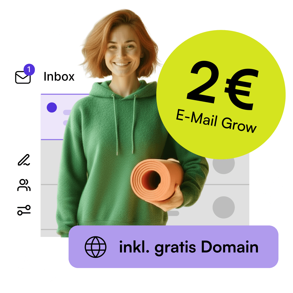 Lächelnde Person in grünem Pullover mit Yogamatte vor E-Mail-Inbox mit eigener Domain. Ein gelber Kreis mit dem Text "2 € E-Mail Grow" ist in der rechten oberen Ecke (KI-generiertes Bild).